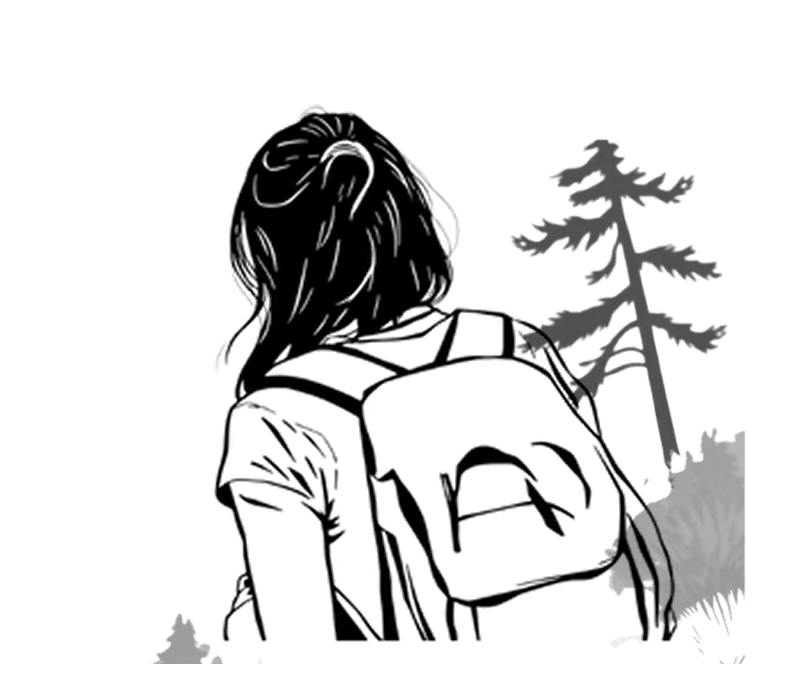 Black and white backpack journey illustration.