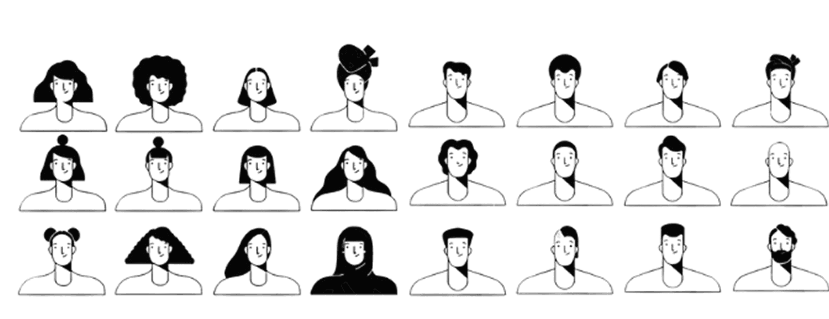 Black and white illustration of different people representing digital banking users.