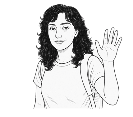 Black and white waving character illustration.