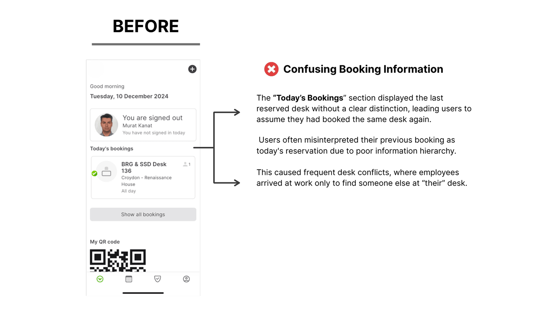 Before comparison showing confusing booking information.