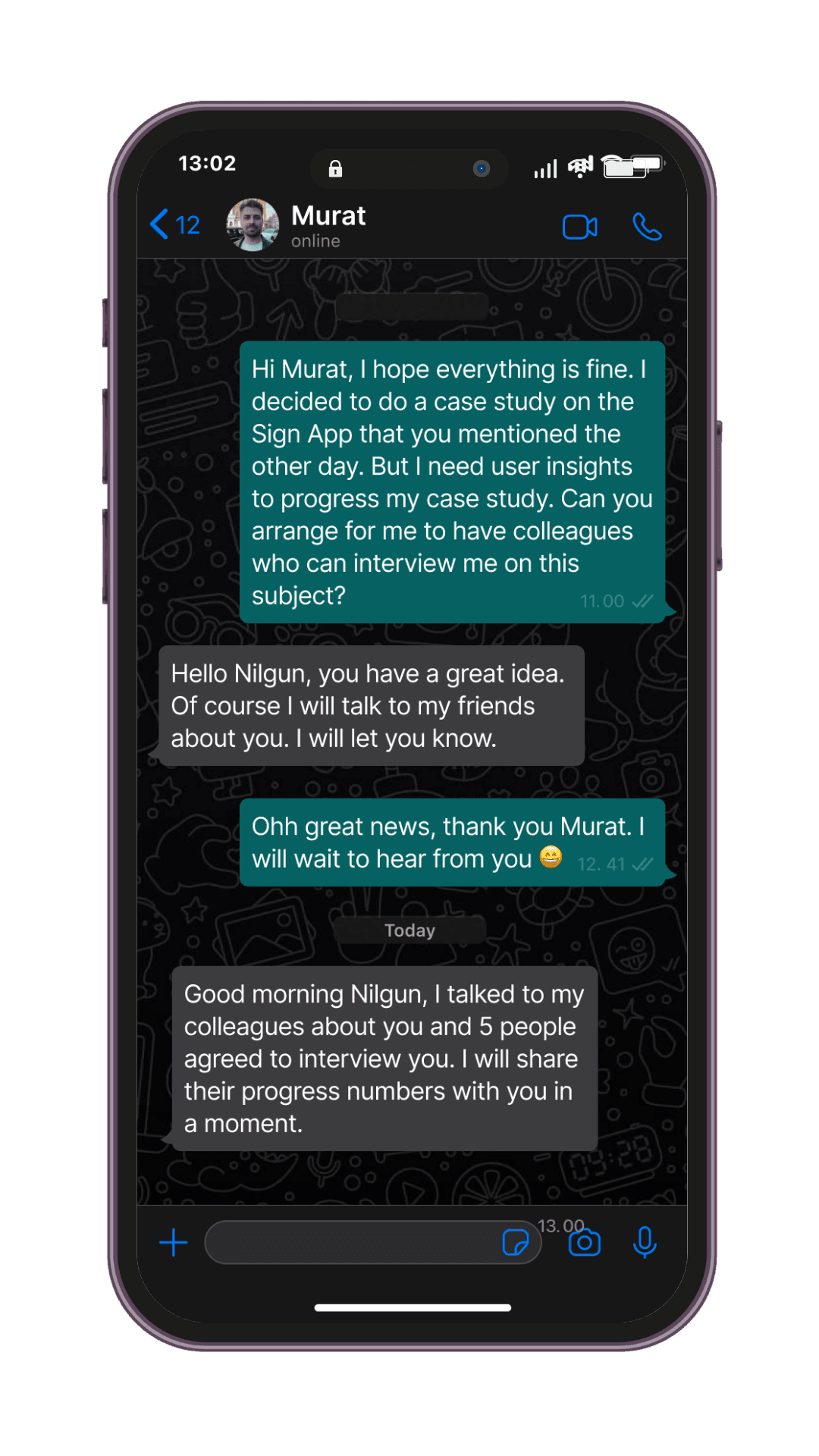 First phone WhatsApp conversation arranging Sign App user interviews.