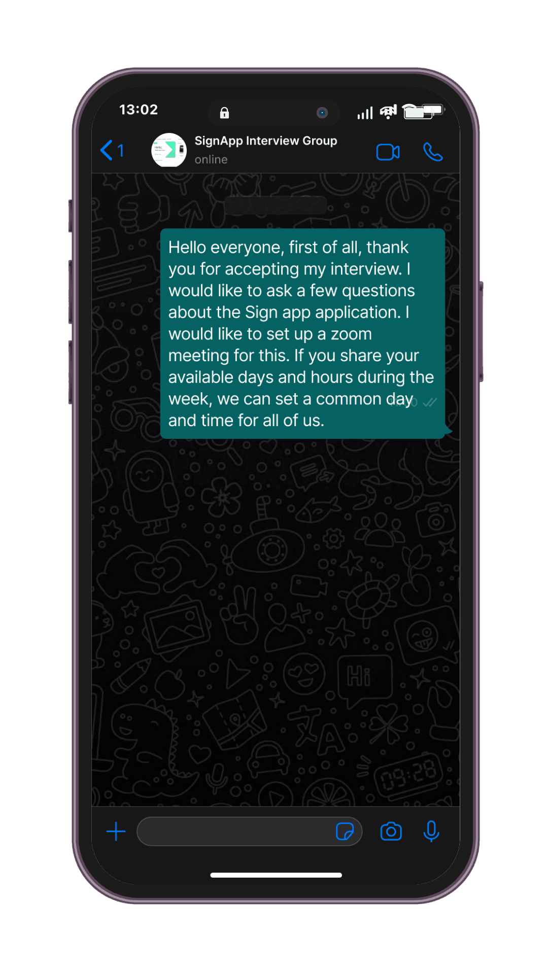 Second phone WhatsApp group message arranging a Zoom interview.