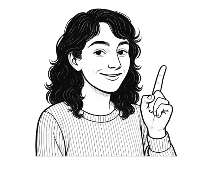Illustrated character pointing upward.